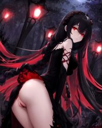 ai_generated black_hair demon demon_girl female forest forest_background looking_at_viewer looking_back looking_back_at_viewer original_character red_eyes showing_pussy street_lights