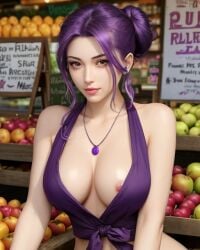 ai_generated female female_focus female_only fruit fruit_stand fruits nipple nipple_slip original_character purple_hair summer