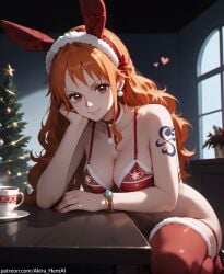 ai_generated akira_hentai big_breasts bunny_ears christmas christmas_clothing christmas_outfit christmas_tree date date_night female female_only gift_wrapped looking_at_viewer nami_(one_piece) one_piece red_bra thick_breasts