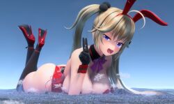 3d ass blonde_hair blue_eyes bunnysuit city cleavage destruction fake_animal_ears giantess giga_giantess gloves high_heels large_breasts nandeyanengts open_mouth original thighhighs twintails