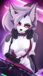 anthro areola blush breasts canid_demon claws demon ear_piercing eyelashes female fingerless_gloves fur gloves goth grey_body grey_fur grey_hair hair headphones hellhound helluva_boss lips loona_(helluva_boss) mammal nipples piercing red_sclera scapponess smile white_body white_eyes white_fur