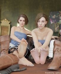 2girls 3d asian asian_female beret blender blue_eyes blue_nails bob_cut boots boots_removed breasts brown_hair canadian capcom celebrity clothed clothed_female clothing couch feet female female_focus female_only foot_fetish frankiely_spicy indoor indoors inside jill_valentine jill_valentine_(julia_voth) jill_valentine_(sasha_zotova) leather leather_boots leather_gloves leather_harness leather_straps light_blue_nails living_room looking_at_viewer looking_down necklace painted_nails painted_toenails pale-skinned_female pale_skin police_officer policewoman resident_evil resident_evil_3 resident_evil_3_remake resident_evil_remake russian russian_girl shoes_removed short_hair sitting smile smiling smiling_at_viewer socks sofa soles table tease teasing teasing_viewer toenails toes tube_top tubetop