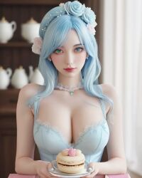 ai_generated blue_eyes cleavage female female_focus female_only flower_in_hair food hair_ornament light_blue_hair luxury_house macaroons original_character tea_cup tea_pot