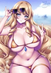 1girls adjusting_eyewear adjusting_glasses adjusting_sunglasses beach bikini blonde_hair blue_eyes breasts female genshin_impact hi_res hips huge_breasts light-skinned_female light_skin long_hair micro_bikini naughty_face navia_(genshin_impact) outdoors peace_sign purple-tinted_eyewear sevie smile solo_female sunglasses sunglasses_on_head thick_thighs thighs tinted_eyewear wide_hips