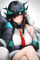 1boy 1boy1girl 1girls arknights black_hair blush blushing_at_partner boob_window chinese_clothes chinese_dress cling clinging doctor_(arknights) dragon_girl dragon_horns dragon_tail dusk_(arknights) gradient_hand happy large_breasts light-skinned_female light_skin long_hair looking_at_viewer pointy_ears red_eyes romantic romantic_couple smile smiling smiling_at_partner tab_head tagme