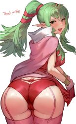 1girls ass ass_focus blush breasts cameltoe clothes_lift commission dress female female_only fire_emblem fire_emblem_awakening from_behind garter_straps green_eyes green_hair hair_ornament highres large_ass lifted_by_self long_hair looking_at_viewer looking_back medium_breasts nintendo open_mouth panties pointy_ears ponytail presenting r123 red_panties skeb_commission smile solo thank_you thick_thighs thighs tiara tiki_(adult)_(fire_emblem) tiki_(fire_emblem) underwear wide_hips