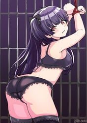 angry armpits arms_up ass bangs bare_arms bare_shoulders beiske_(de_skb3) black_hair blunt_bangs blunt_ends blush bondage bondage bound bound_arms bra breasts butt_crack cowboy_shot dungeon eyebrows_visible_through_hair female highres idolmaster idolmaster_shiny_colors lace lace-trimmed_bra lace-trimmed_legwear lace-trimmed_panties lingerie long_hair looking_at_viewer mayuzumi_fuyuko medium_breasts midriff panties prison red_eyes signature solo thighhighs two_side_up underwear underwear_only