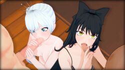 2boys 2girls 3d black_hair blake_belladonna blue_eyes bow_tie censored fellatio koikatsu long_hair nyxxzeiss oral rwby weiss_schnee white_hair yellow_eyes