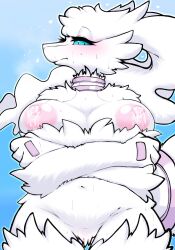 anthro big_breasts blue_eyes blue_sclera breasts cheek_tuft crossed_arms dragon facial_tuft female female_dragon female_pokemon fur furred_dragon generation_5_pokemon hair legendary_pokémon legendary_pokemon long_hair milkteafox nintendo nipples pokémon_(species) pokemon pokemon_(species) reshiram sweat tuft white_body white_fur white_hair