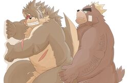 2020 anal anthro ashigara belly bodily_fluids brown_body brown_fur canid canine canis cum domestic_dog duo ejaculation fur gay genital_fluids genitals hi_res hottophoto humanoid_hands kemono male male/male male_only mammal overweight overweight_male penis scar sex shino_(tokyo_afterschool_summoners) simple_background tokyo_afterschool_summoners ursid video_games white_background yaoi