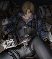 blonde_hair legs_up leon_scott_kennedy looking_at_viewer male on_table paperwork resident_evil