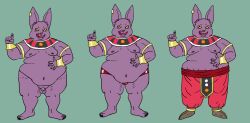 2021 anthro anthro_only balls belly big_belly bottomwear champa clothing domestic_cat dragon_ball dragon_ball_super ear_piercing ear_ring felid feline felis flaccid genitals geuremon green_background male male_only mammal moobs nipples overweight overweight_male pants penis piercing purple_body ring_piercing simple_background small_penis solo underwear