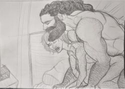 bartel beard bearded bedroom_sex doggy_style doggy_style doggy_style_position facial_hair freckles gay gay_sex hairy hairy_arms hairy_chest hairy_male hunk long_hair_male manly muscle muscular muscular_male pencil_(artwork) size_difference sketch traditional_art traditional_media traditional_media_(artwork)