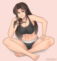 1girls artist_name athletic_female black_lagoon brown_eyes brown_hair calvin_klein cleavage crossed_legs erodrunky fit_female front_view huge_breasts long_hair looking_at_viewer navel panties revy sitting sports_bra tattoo underwear voluptuous