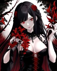 ai_generated black_hair female female_focus female_only looking_at_viewer original_character red_eyes red_flowers red_spider_lilies rose_in_hair