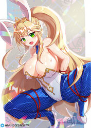 artoria_pendragon artoria_pendragon_(lancer) artoria_pendragon_(swimsuit_ruler) blush bondage bunny_ears colored_background fate/grand_order fate_(series) rayka sweat