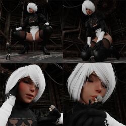 1boy 1girls 3d blindfold breasts clothed_male clothing female giantess kissing lieutenantdegenerate light-skinned_female light-skinned_male light_skin macro male nier nier:_automata short_hair size_difference thighhighs white_hair yorha_2b yorha_9s