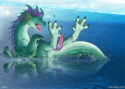 1boy anthro bad_dragon big_penis claws dragon erection knot legs_up male male_only marine official_art on_back open_mouth outdoors partially_submerged penis scalie sharp_teeth solo spritz_(bad_dragon) swimming tongue tongue_out water webbed_feet