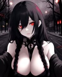 ai_generated black_hair blank_eyes demon demon_girl female female_focus female_only original_character reaching_out reaching_towards_viewer red_eyes street_lights trees