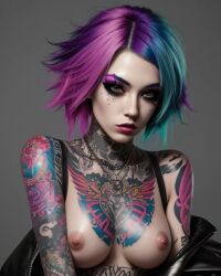 ai_generated brown_eyes colorful_hair gray_background original_character punk punk_girl short_hair tattoos