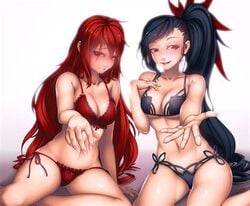 2girls black_bra black_hair black_panties bra breasts cleavage female female_only ha_yuri_jahad hwa_ryun lingerie long_hair multiple_girls panties ponytail red_bra red_hair red_panties side-tie_panties tagme tower_of_god underwear