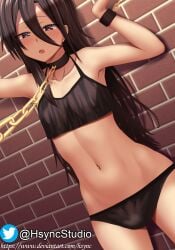 1boy bikini black_hair bondage brick_wall bulge chained cowboy_shot dutch_angle femboy feminine_male girly hsync kirigaya_kazuto kirito kirito_(sao-ggo) long_hair male male_only otoko_no_ko otokonoko running_bond solo sword_art_online tomgirl trap