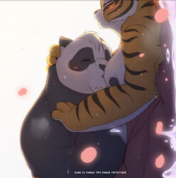 7oy7iger black_body black_fur blush breasts closed_eyes dreamworks duo felid female fur giant_panda head_grab heart hi_res kung_fu_panda looking_pleasured male mammal master_tigress nipple_fetish nipple_play nipple_suck nipples overweight overweight_male pantherine po simple_background straight sucking text tiger ursid