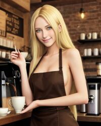 ai_generated blonde_hair blonde_hair_female blue_eyes blue_eyes_female bright_eyes coffee coffee_cup coffee_mug coffee_shop original_character smile smiling_at_viewer wavy_hair