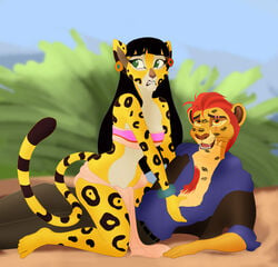 anthro anthrofied astraldog black_hair black_lips cheetah chel_(cosplay) chest_hair cleavage clothing cosplay crossover disney dreamworks duo ear_piercing felid feline female fuli hair hi_res kion kiss_mark lion loincloth long_hair male mammal navel open_mouth outdoors pantherine piercing romantic romantic_couple straight the_lion_guard the_lion_king the_road_to_el_dorado tribal tulio_(cosplay) what white_belly