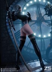 1girls 3d 3d_(artwork) 3d_model 3dcg 3dx android blender_(software) blender_cycles blindfold female gloves high_heel_boots high_heels high_resolution highres leotard light-skinned_female light_skin nier:_automata nier_(series) pinup solo solo_female solo_focus stockings sword white_hair yorha_2b zodros