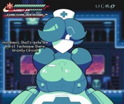 alternate_breast_size eyes facemask game_ui gravity_circuit hair ijimecandy large_breasts masked_female nipple_bulge nipples_visible_through_clothing nurse nurse_(gravity_circuit) nurse_cap paizuri paizuri_under_clothes sequence short teal text white