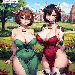 2girls ai_generated animal_ears animal_print anthro artist_name bangs bare_shoulders bell black_hair blue_sky bovine bracelet breasts brown_hair cleavage closed_mouth collarbone covered_navel cow cow_ears cow_horns cow_print cowbell day dress furry furry_female grass green_dress green_eyes hair_between_eyes horns jewelry large_breasts looking_at_viewer multiple_girls neck_bell outdoors red_dress short_hair sky smile stable_diffusion thighhighs tree twitter twitter_username watermark yiffyjiffy69