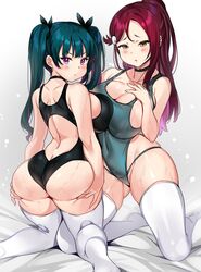 2girls alternate_hairstyle ass ass_grab ass_visible_through_thighs blue_hair blush breast_press breasts embarrassed female large_breasts love_live! love_live!_sunshine!! mouth_open pigtails pink_eyes ponytail pout red_hair sakurauchi_riko source_request sweat swimsuit tem10 thick_thighs thighhighs tsushima_yoshiko yellow_eyes