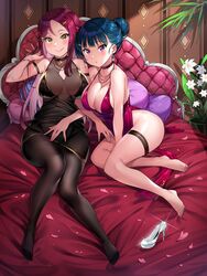 bed blue_hair blush breasts cleavage female hair_bun large_breasts love_live! love_live!_sunshine!! pink_eyes red_hair sakurauchi_riko source_request tem10 thick_thighs tsushima_yoshiko yellow_eyes