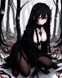 ai_generated black_hair female female_focus female_only forest forest_background original_character red_eyes red_flowers red_spider_lilies sitting_down snow