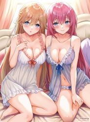 2girls blonde_hair blue_eyes blue_panties blush_lines blushing classroom_of_the_elite ichinose_honami_(cote) large_breasts lingerie nanase_tsubasa pink_hair subductive_look youkoso_jitsuryoku_shijou_shugi_no_kyoushitsu_e