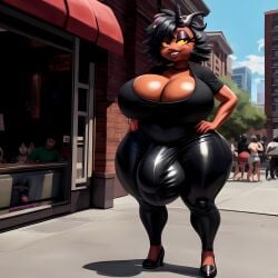 ai_generated black_jeans black_shirt bulge futanari huge_breasts hyper_bulge millie_(helluva_boss) public