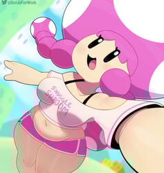 1girls belly black_bra booty_shorts bra breasts chubby clothed clothing cute female female_only happy headwear looking_at_viewer mario_(series) mushroom nintendo open_mouth pink_hair selfie shirt shorts simple_background slightly_chubby small_breasts smile solo solo_female somescrub super_mario_bros. toadette twitter_username watermark