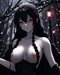 ai_generated black_hair breasts breasts_out demon demon_girl female female_focus female_only hairband original_character red_eyes snow snow_on_head snowing street_lights trees