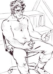 black_and_white body_hair closed_eyes dilf glasses gravity_falls holding_photo male_only masculine masturbation older_male partially_clothed shirtless solo stanford_pines