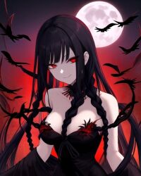 ai_generated black_dress black_hair crow crows demon demon_girl female female_focus female_only full_moon looking_at_viewer original_character red_eyes red_flowers red_sky red_spider_lilies wicked_smile