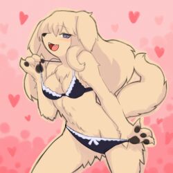 1girls 2010 anthro blonde_fur blush bra canine cute_fang domestic_dog fang female fluffy furry grey_eyes heart open_mouth original original_character panties pawpads paws tail underwear wkar yellow_fur