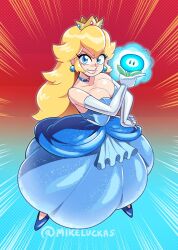 1girls alternate_costume blonde_hair blue_eyes breasts cleavage crown datskelebutt dress earrings elbow_gloves female female_only gloves ice_flower illumination_entertainment long_hair looking_at_viewer mario_(series) nintendo power_up princess_peach smile solo super_mario_bros. super_mario_bros._(2023_film)