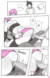 1girls 2boys anal anal_sex anal_sex balls big_penis black_hair choker comic comic_page dialogue dross femboy jacob_(dross) monochrome penis pink_hair roxanne_(dross) tagme taylor_(dross) text yaoi