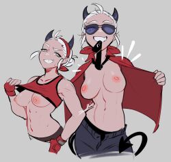 1girls breasts clothing demon erect_nipples fingerless_gloves flashing grey_background grey_eyes helltaker horns justice_(helltaker) looking_at_viewer nipples shirt_lift short_hair smile solo source_request sunglasses tail tie tinted_eyewear white_hair white_skin zambiie