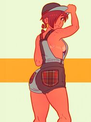 1girls ass aubrey_(sea_legs) bare_shoulders baseball_cap breasts brown_hair earrings freckles hair_over_one_eye jean_shorts looking_at_viewer looking_back ndasfw no_bra overalls plaid ponytail sea_legs shoulder_freckles sideboob smile smiling tan_skin tanline tipping_hat tomboy