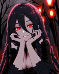 ai_generated black_hair cleavage demon demon_girl forest forest_background glaring glaring_at_viewer hands_under_chin original_character red_eyes snow snowing street_lights