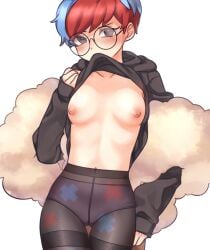 blush breasts breasts_out female female_only flashing gantan gloves looking_at_viewer multicolored_hair no_bra npc_trainer panties pantyhose penny_(pokemon) pokemon pokemon_sv red_and_blue_hair shirt_lift small_breasts solo