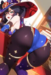 1girls ai_generated ass bending_over black_hair breasts dat_ass female genshin_impact hat huge_ass huge_breasts large_breasts large_hat light-skinned_female light_skin long_hair mona_(genshin_impact) naughty_face stable_diffusion thick_thighs twintails wide_hips witch_hat