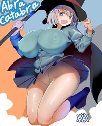 big_breasts blue_eyes curvy huge_breasts jumping looking_down magician magician_hat nananana nipple_bulge oerba_yun_fang open_mouth panties school_uniform schoolgirl short_hair silver_hair solo tejina_senpai tejina_senpai_(character) thick thong upskirt wide_hips